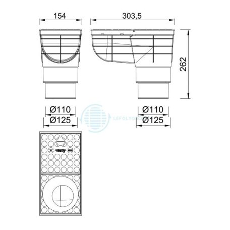 Kültéri víznyelő, eresz bekötéssel, ráccsal, levélfogó kosárral Ø110/125 mm-es (KV-110-125)