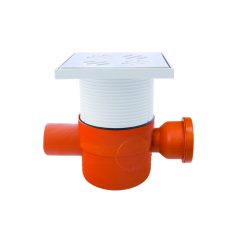   Padlószifon, tokozott, gumigyűrűs, II, ágú, 80 mm, Lapos, golyós bűzzárral + magasító, rozsdamentes ráccsal, 150 x 150 mm (STY-1005)