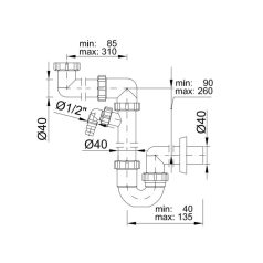   Helytakarékos csőszifon, leeresztőszelep nélkül,  mosógép csatlakozóval 40 mm-es (STY-641)