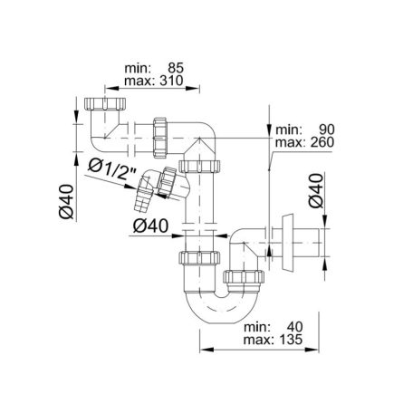 Helytakarékos csőszifon, leeresztőszelep nélkül,  mosógép csatlakozóval 40 mm-es (STY-641)
