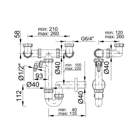 Helytakarékos csőszifon 6/4", kétmedencés , mosógép csatlakozóval, 40 mm-es (STY-642)