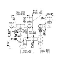   Helytakarékos csőszifon 6/4", kétmedencés, gyümölcs mosós, 40 mm elfolyás mosó vagy mosogatógép csatlakozóval (STY-643-2-F)