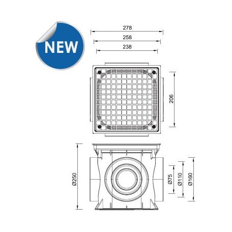 Kültéri udvari víznyelő, 250x250 mm-es műanyag ráccsal, bűzzárral (STY-920-1)